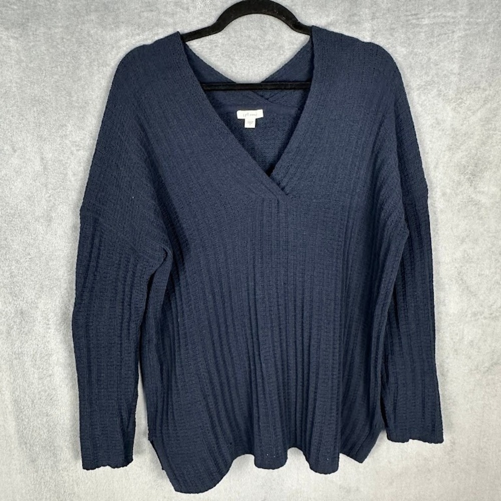 J Jill Sweater Womens Large Navy Chenille V Neck Stretch Comfort Preppy Coastal